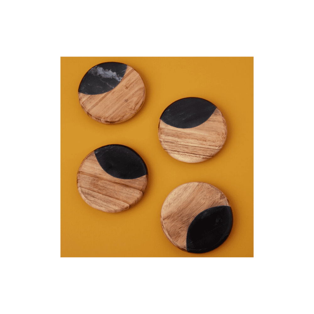 Set de 4 sous-verres ronds marbre noir et bois