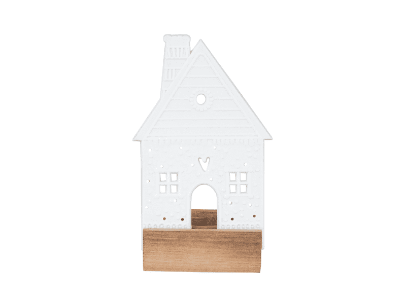 Bougeoir "Maison Pain d'épices boule de neige" sur socle en bois